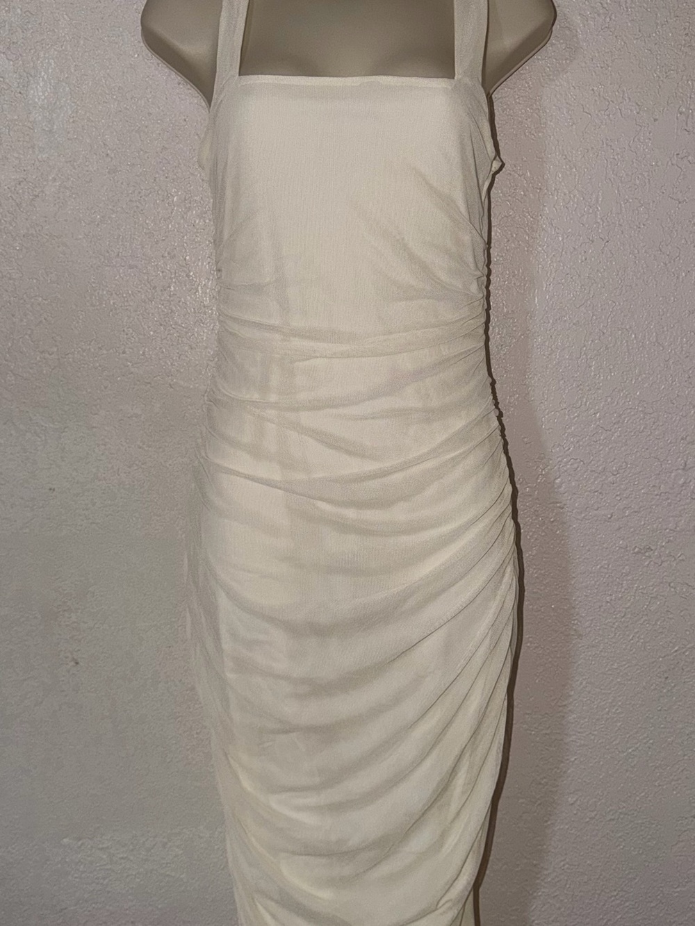 Cream Ruched Square-Neck Midi Dress